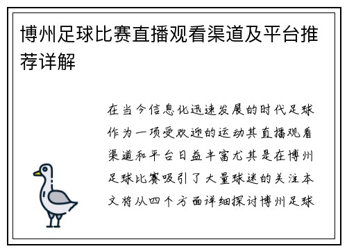 博州足球比赛直播观看渠道及平台推荐详解